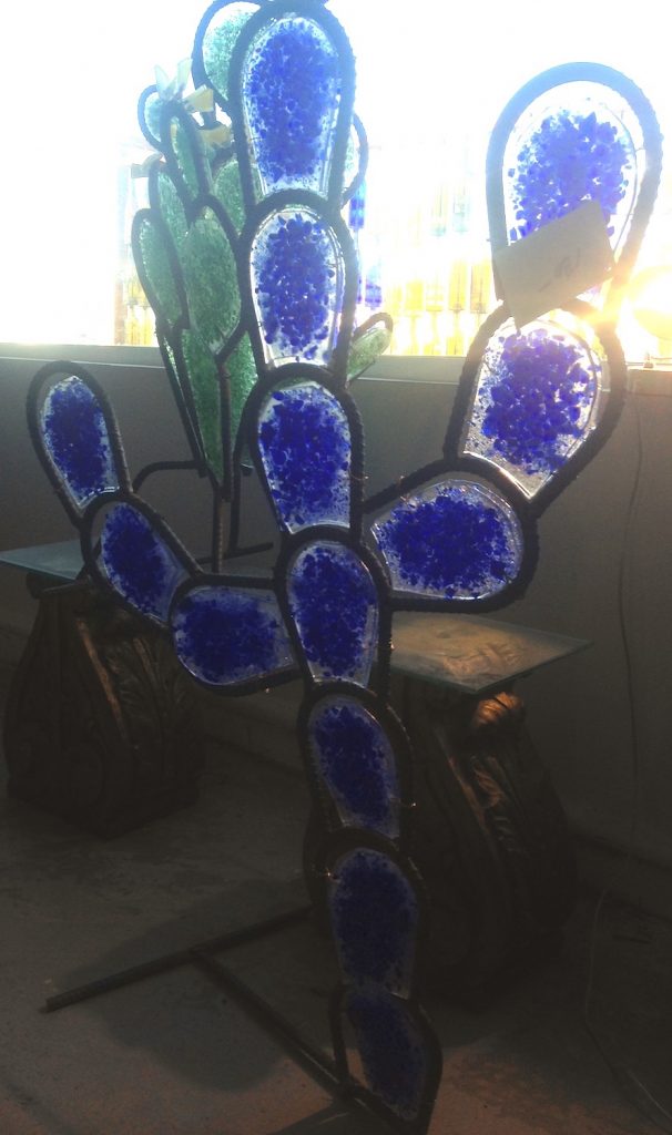 Blue bottle glass cactus sculpture